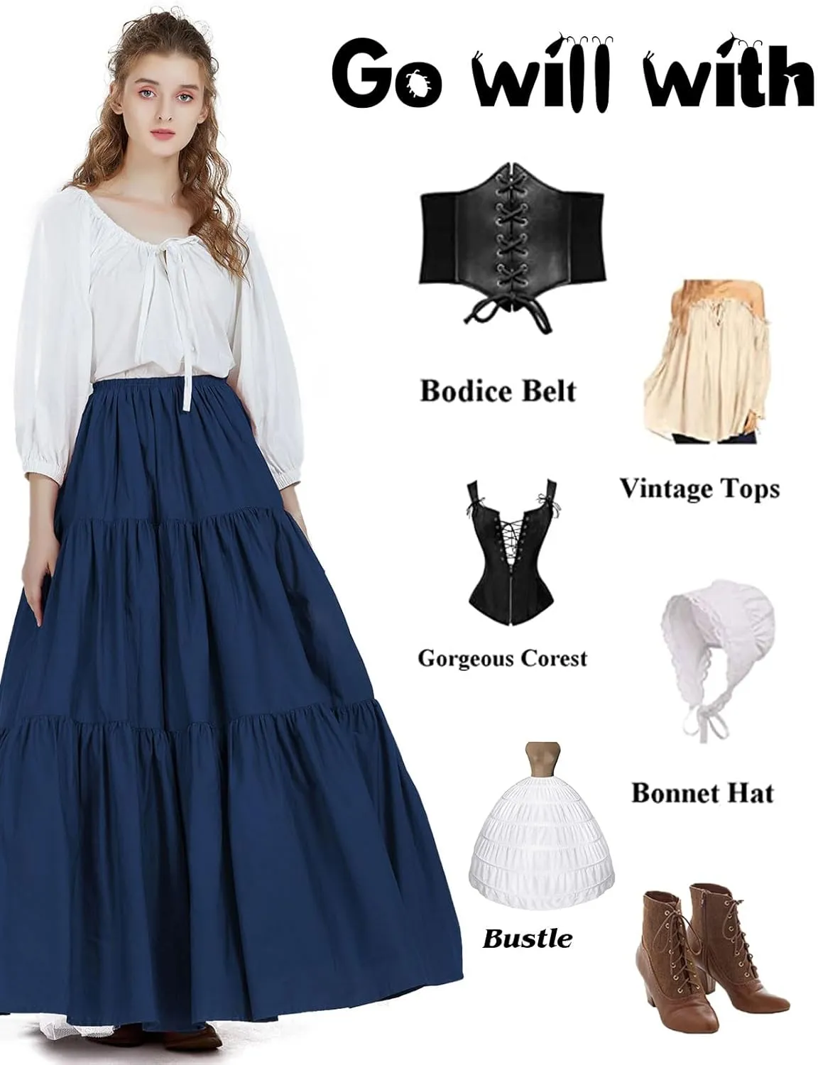 BEAUTELICATE 100% Cotton Victorian Maxi Skirt Women Gypsy Medieval Renaissance Boho Skirt Full Length