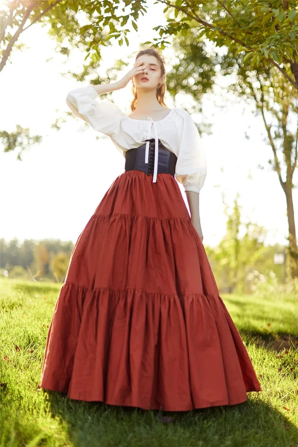 BEAUTELICATE 100% Cotton Victorian Maxi Skirt Women Gypsy Medieval Renaissance Boho Skirt Full Length