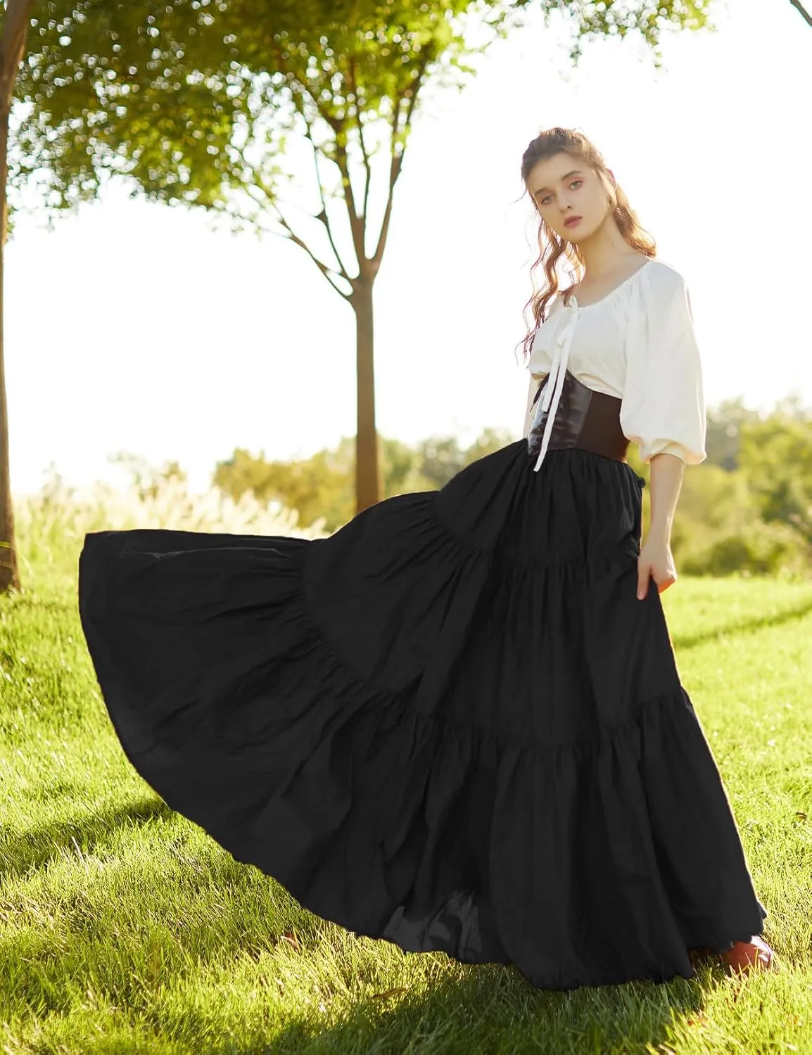 BEAUTELICATE 100% Cotton Victorian Maxi Skirt Women Gypsy Medieval Renaissance Boho Skirt Full Length