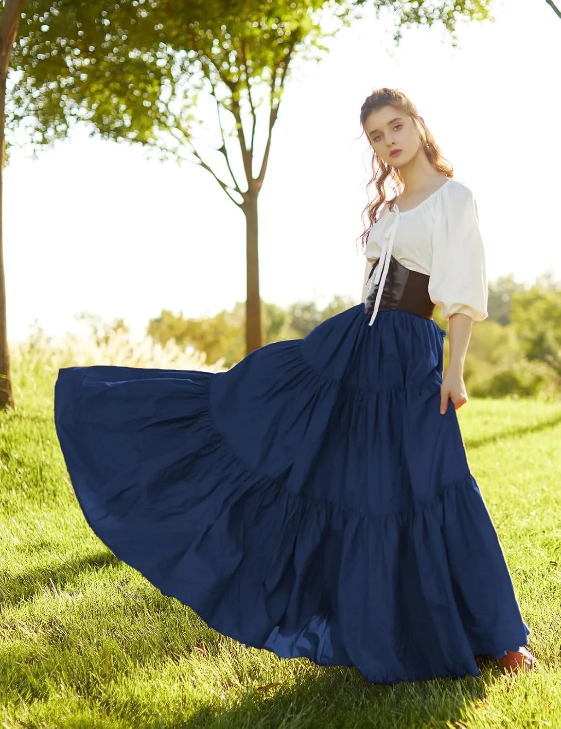 BEAUTELICATE 100% Cotton Victorian Maxi Skirt Women Gypsy Medieval Renaissance Boho Skirt Full Length