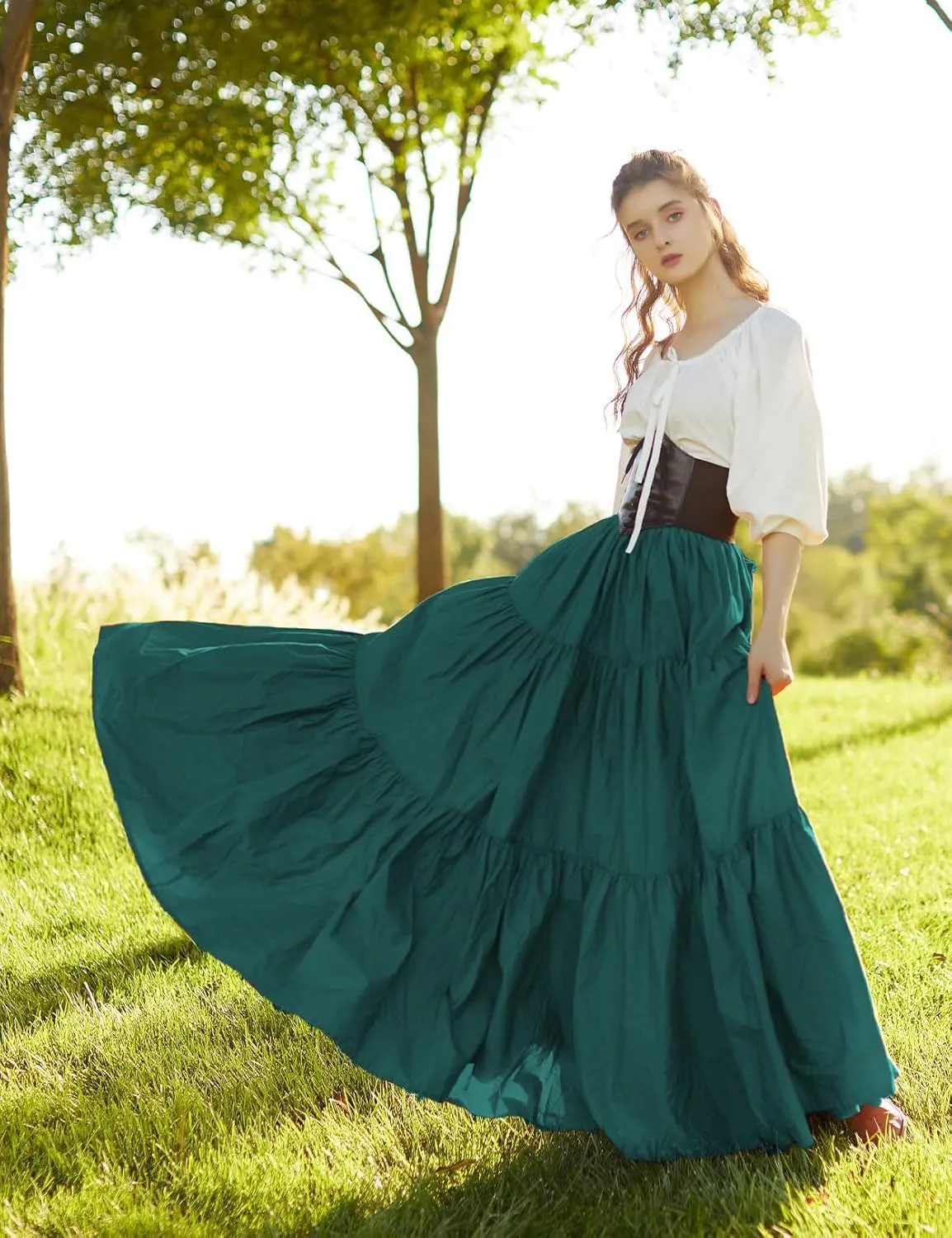 BEAUTELICATE 100% Cotton Victorian Maxi Skirt Women Gypsy Medieval Renaissance Boho Skirt Full Length