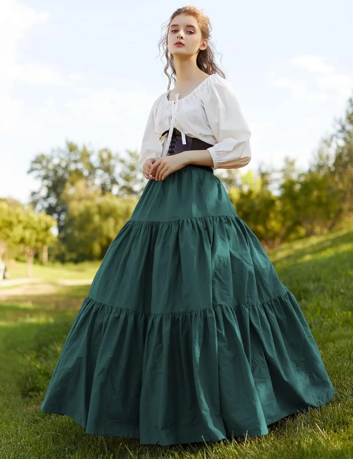 BEAUTELICATE 100% Cotton Victorian Maxi Skirt Women Gypsy Medieval Renaissance Boho Skirt Full Length