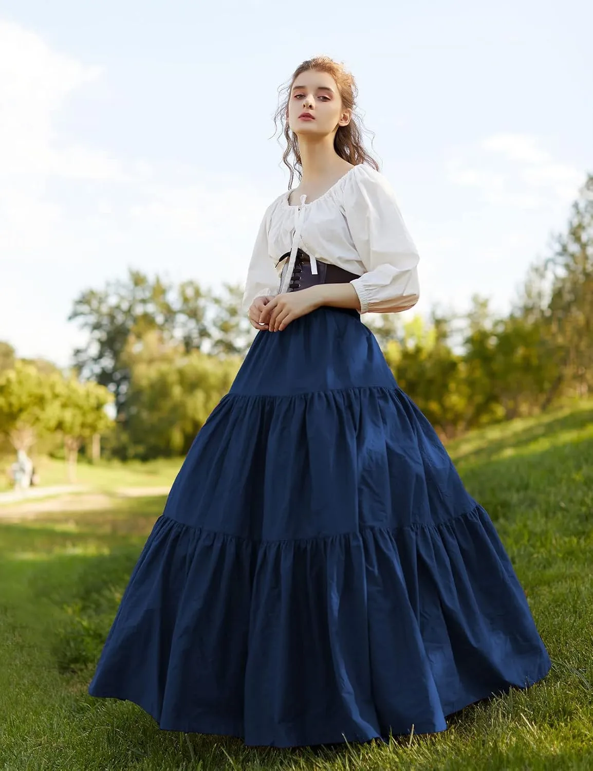 BEAUTELICATE 100% Cotton Victorian Maxi Skirt Women Gypsy Medieval Renaissance Boho Skirt Full Length
