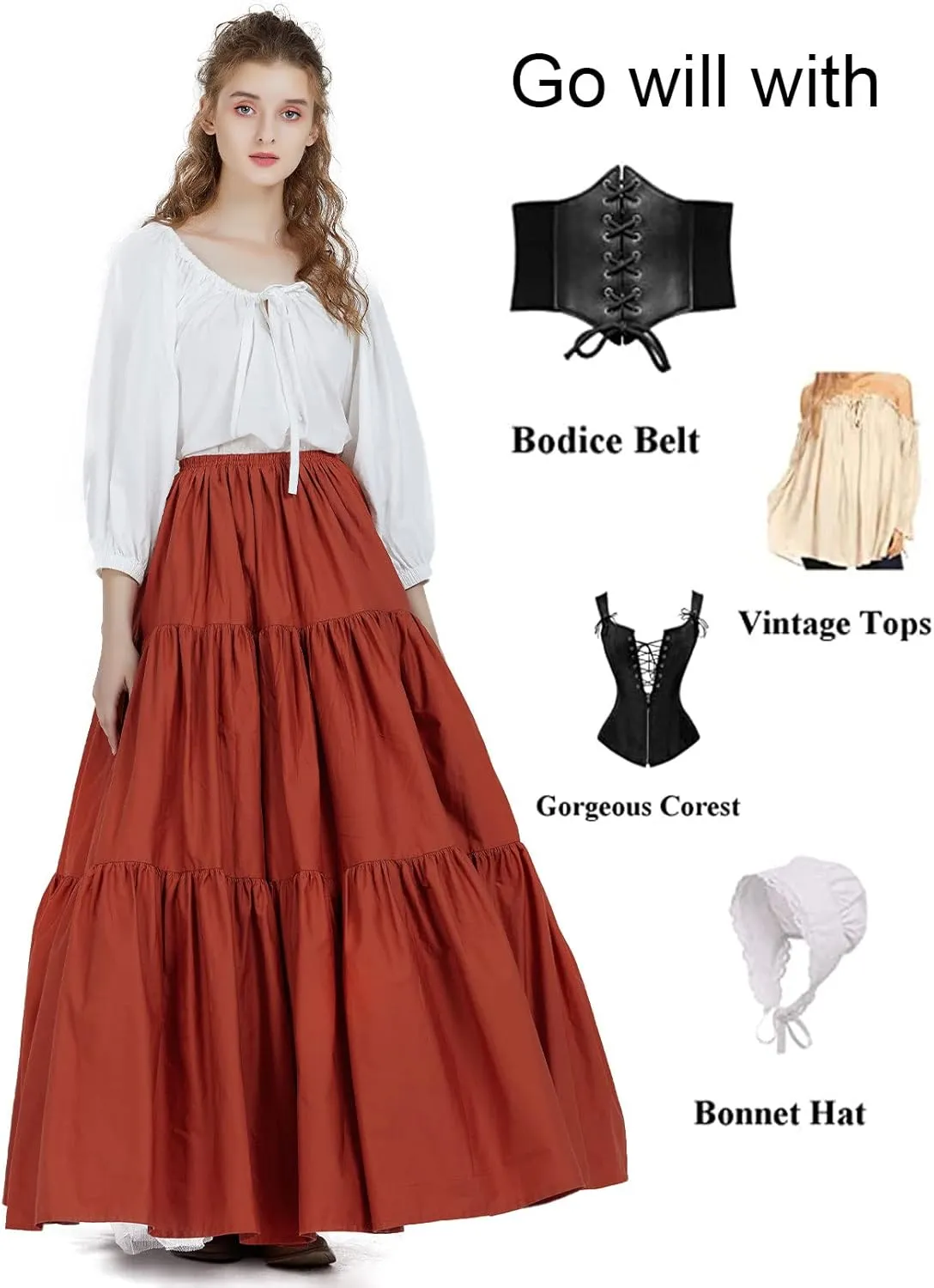 BEAUTELICATE 100% Cotton Victorian Maxi Skirt Women Gypsy Medieval Renaissance Boho Skirt Full Length