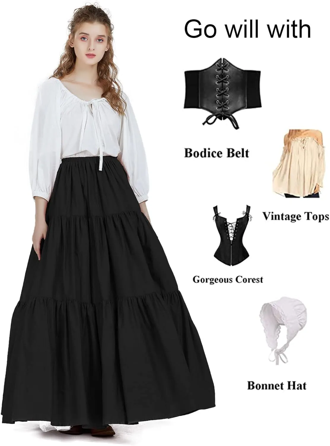 BEAUTELICATE 100% Cotton Victorian Maxi Skirt Women Gypsy Medieval Renaissance Boho Skirt Full Length
