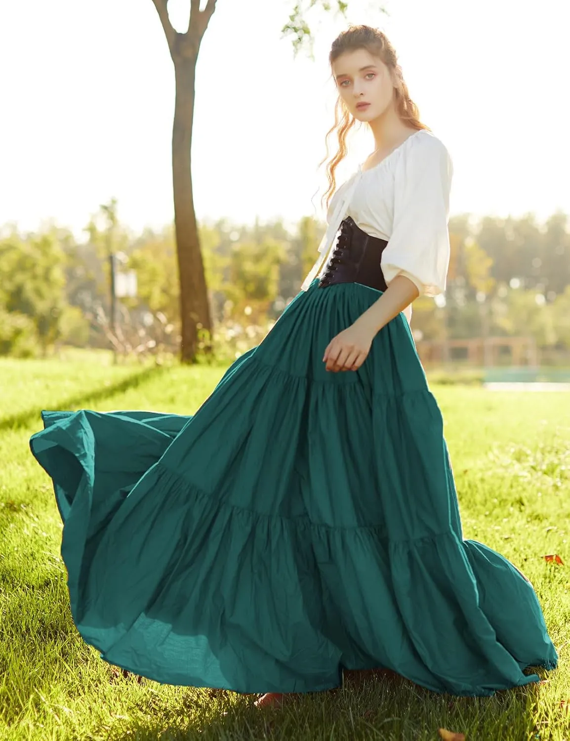 BEAUTELICATE 100% Cotton Victorian Maxi Skirt Women Gypsy Medieval Renaissance Boho Skirt Full Length