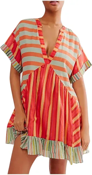 Boho Dresses for Women 2024 Patchwork Floral Deep V Neck Ruffle Oversized Babydoll Sundress Y2k Hot Shot Mini Dress