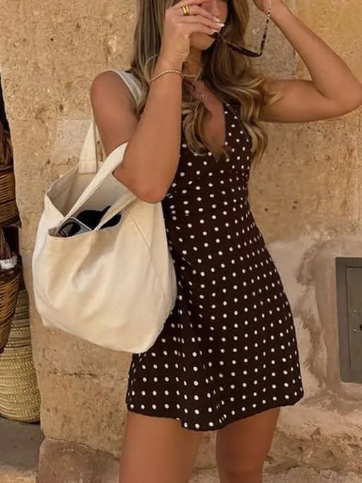 Brown Polka Dot Mini Dress for Women Y2k V - Neck Sleeveless Mini Dress Vintage Streetwear Summer Outfit 2025