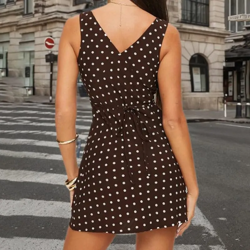 Brown Polka Dot Mini Dress for Women Y2k V - Neck Sleeveless Mini Dress Vintage Streetwear Summer Outfit 2025