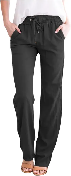 BZGTZT Women Summer Linen Pants Wide Leg Long Straight Solid Elastic Pant Trousers with Pocket Comfy Casual Loose Pants