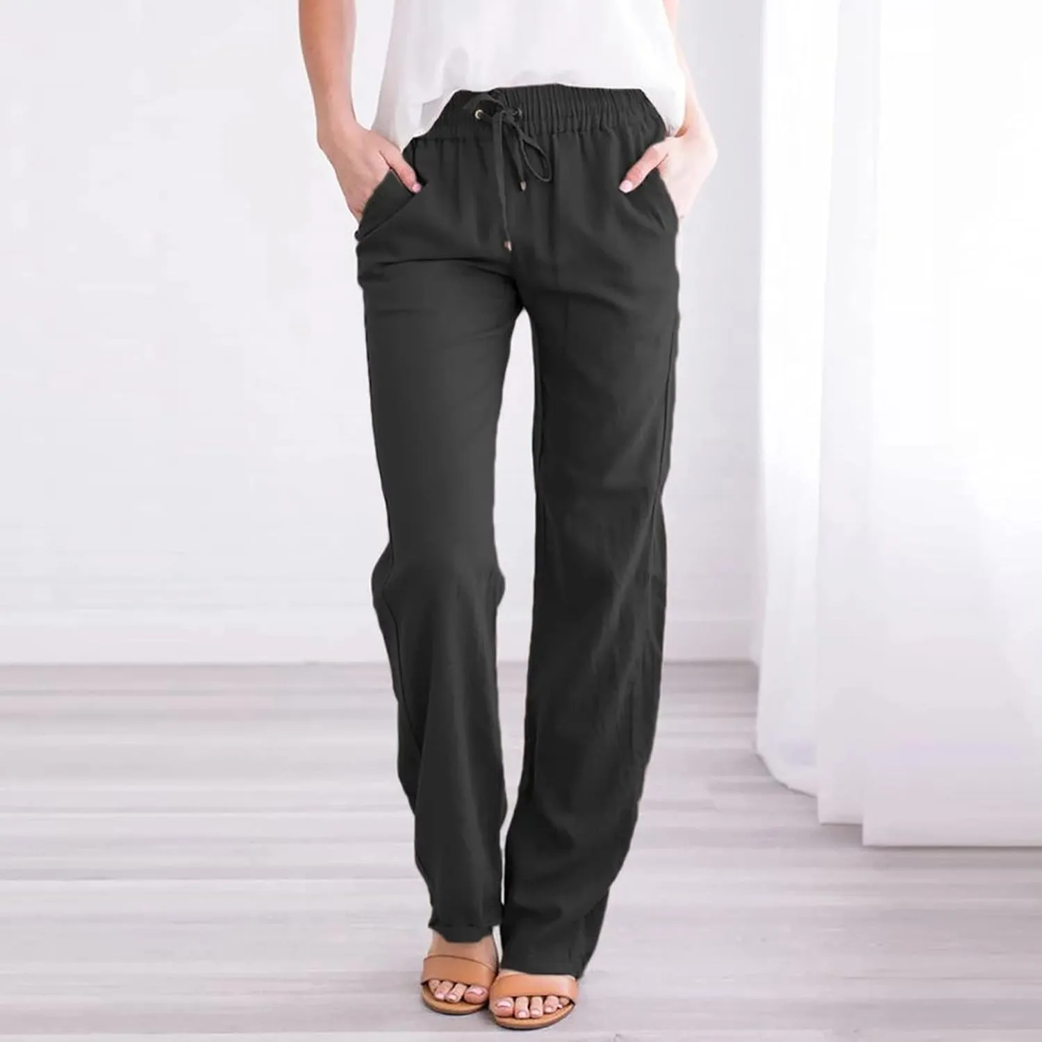 BZGTZT Women Summer Linen Pants Wide Leg Long Straight Solid Elastic Pant Trousers with Pocket Comfy Casual Loose Pants