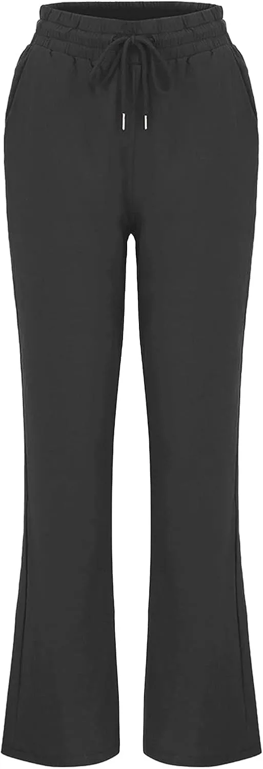 BZGTZT Women Summer Linen Pants Wide Leg Long Straight Solid Elastic Pant Trousers with Pocket Comfy Casual Loose Pants