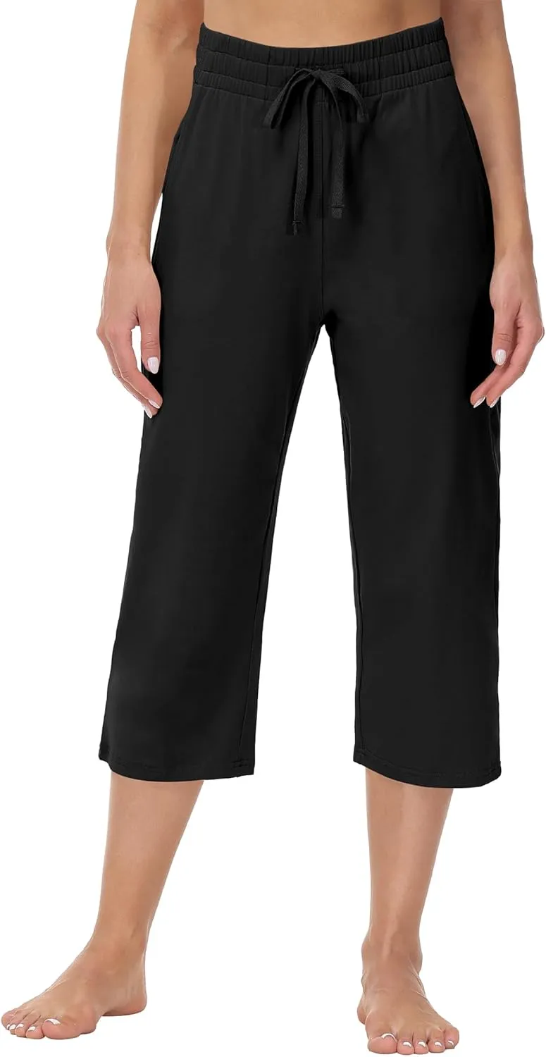 Cakulo Womens Capri Pants Wide Leg Yoga Capris Summer High Waisted Casual Lounge Cropped Pants with Pockets