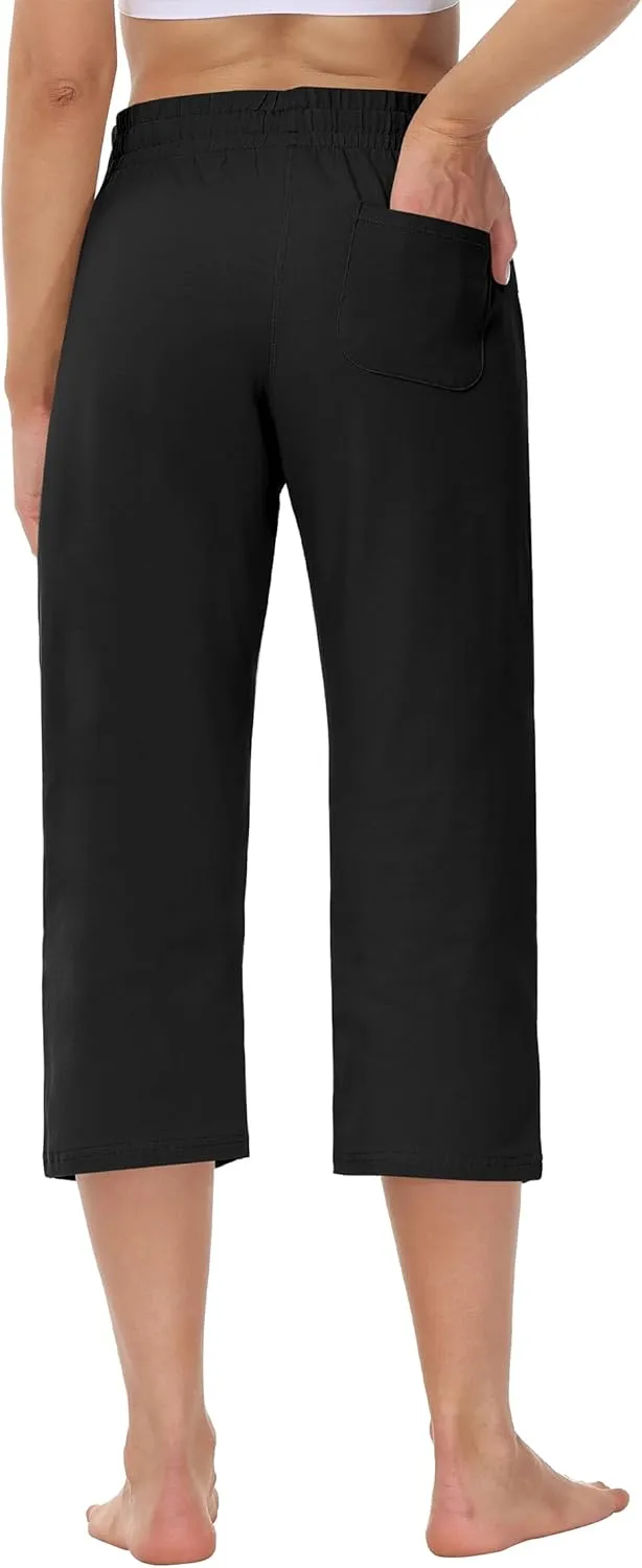 Cakulo Womens Capri Pants Wide Leg Yoga Capris Summer High Waisted Casual Lounge Cropped Pants with Pockets