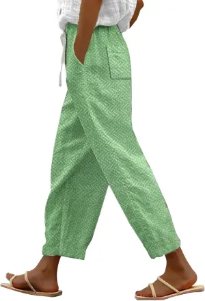 Capri Pants for Women 2025 Elastic Waist Linen with Pockets Cropped Wide-Leg Trousers Casual Beach Summer