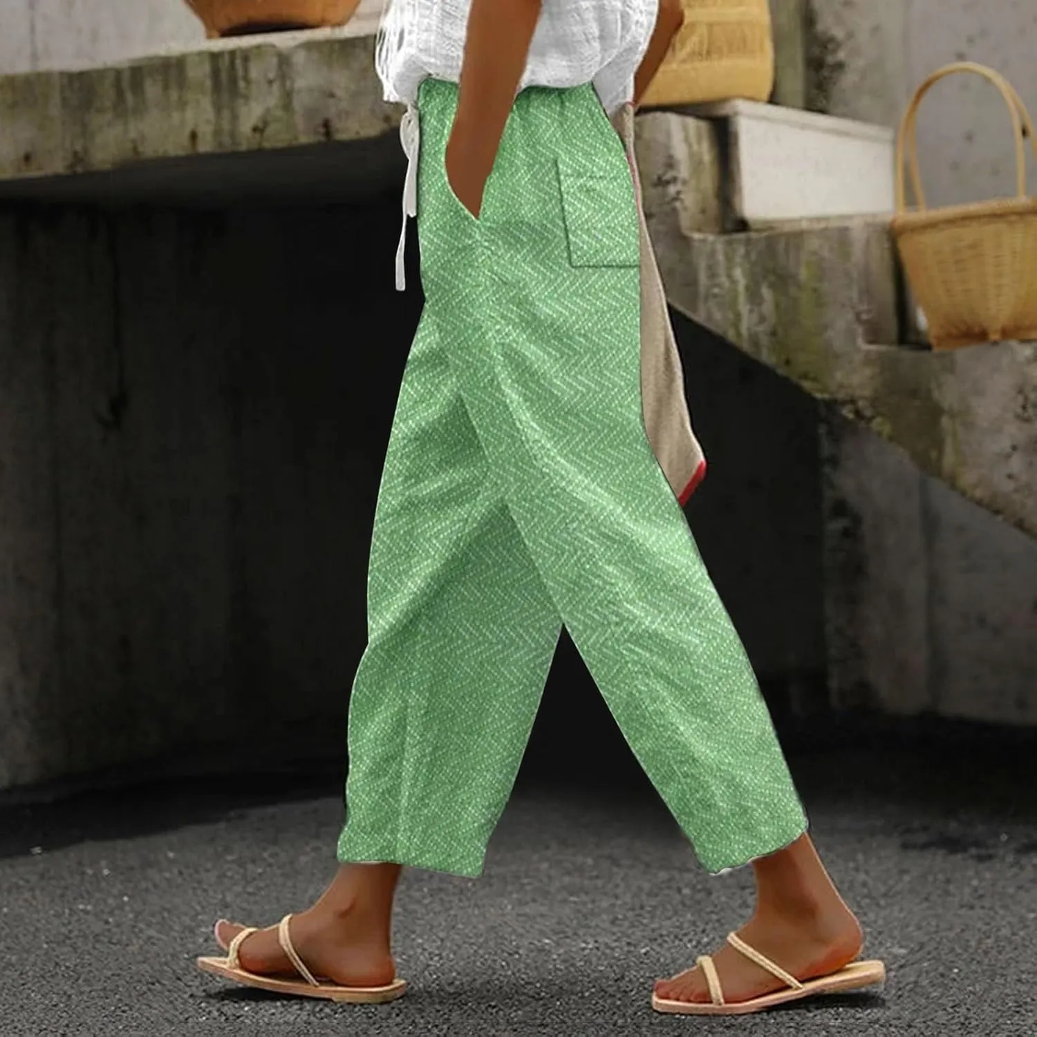 Capri Pants for Women 2025 Elastic Waist Linen with Pockets Cropped Wide-Leg Trousers Casual Beach Summer