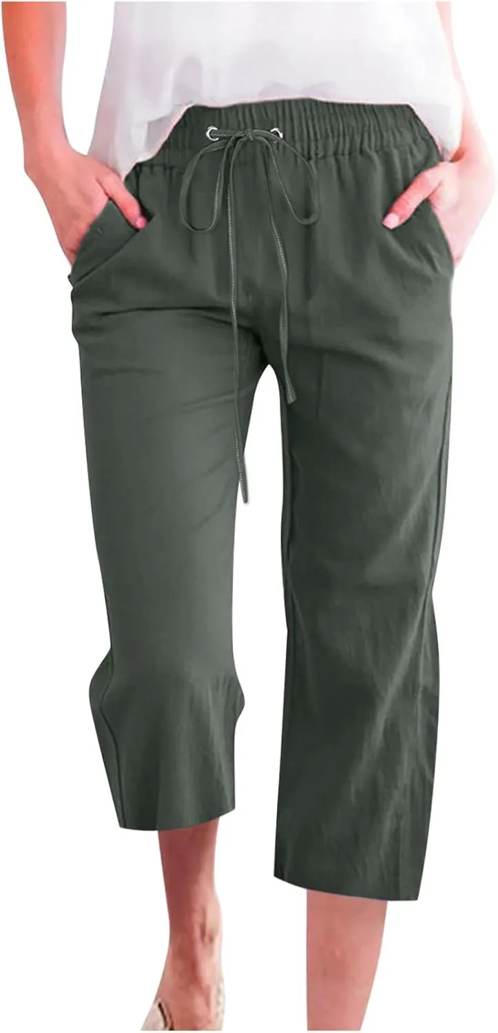 Capri Pants for Women Casual Summer Cotton Linen Capris Drawstring Elastic High Waist Pants Wide Leg Cropped Trouser 2025 New