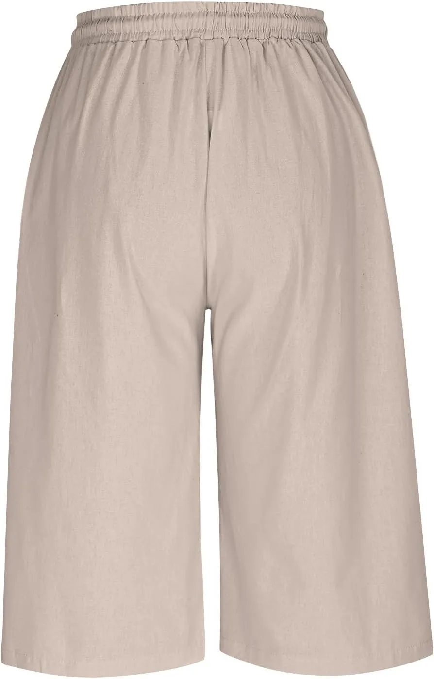 Capri Pants for Women Casual Summer Cotton Linen Capris Elastic High Waist Pants Wide Leg Cropped Trousers