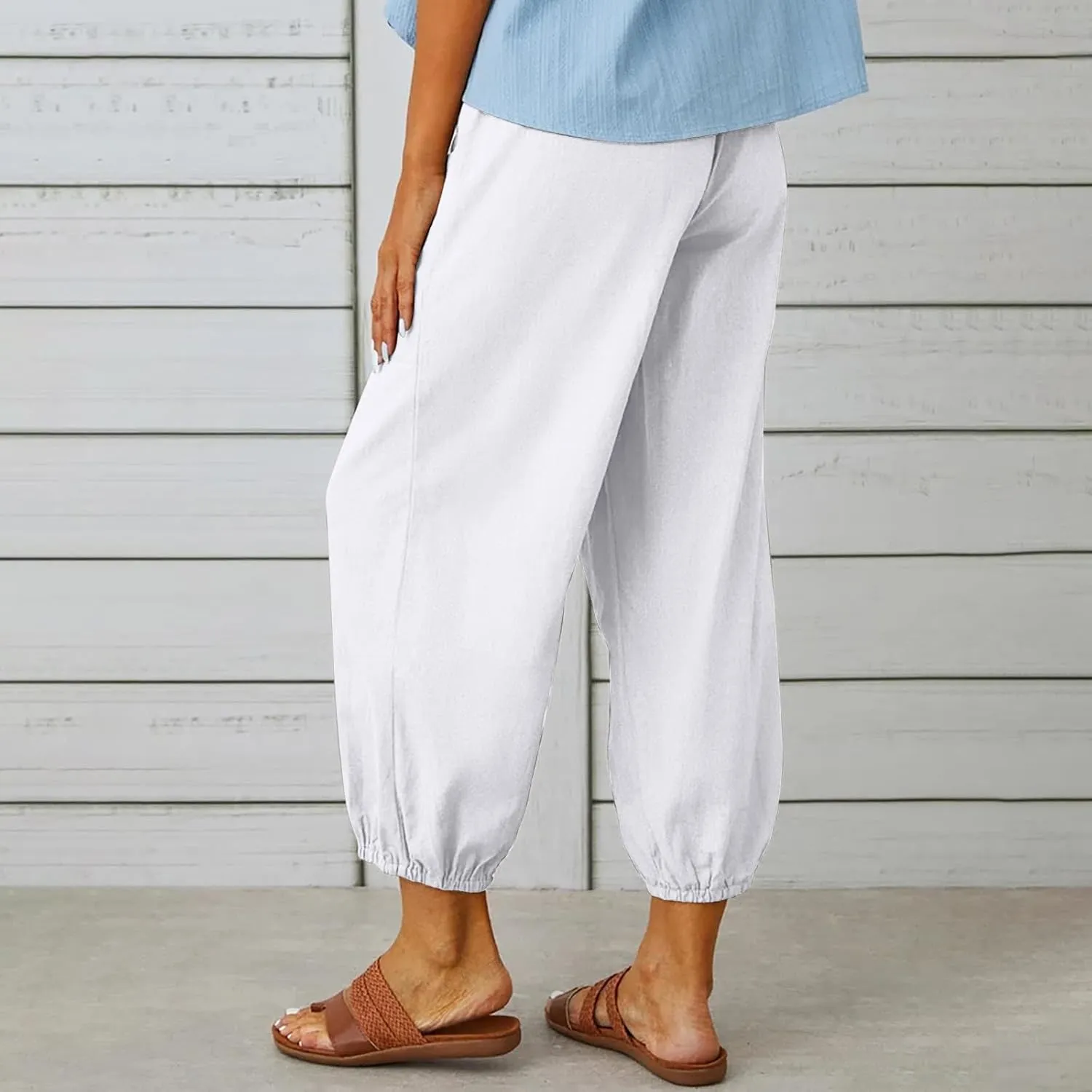 Capri Pants for Women Summer 2024 High Waisted Cotton Linen Cropped Pants Elastic Button Down Trousers with Pockets