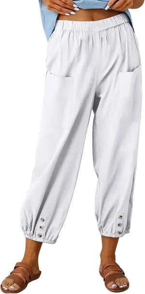 Capri Pants for Women Summer 2024 High Waisted Cotton Linen Cropped Pants Elastic Button Down Trousers with Pockets