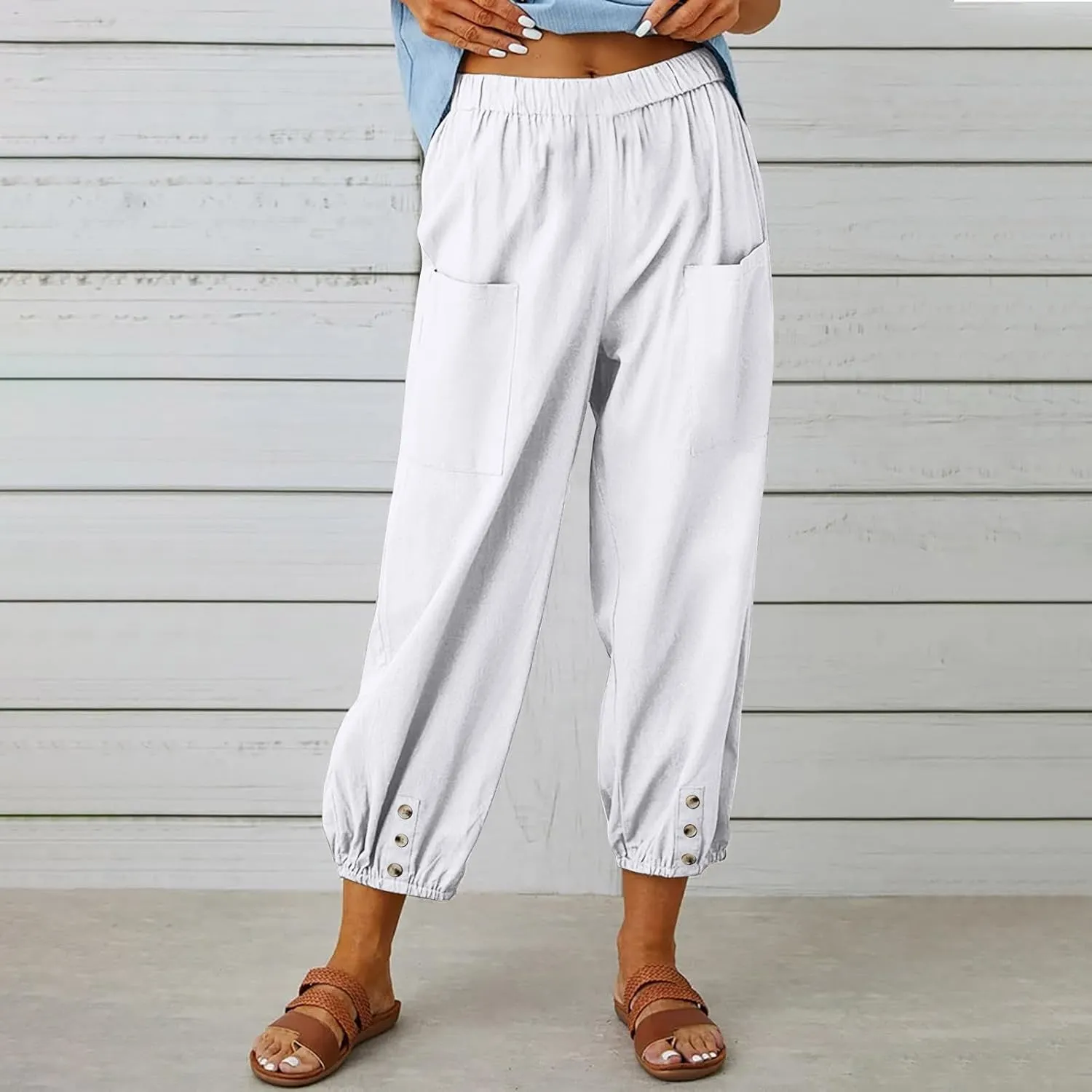 Capri Pants for Women Summer 2024 High Waisted Cotton Linen Cropped Pants Elastic Button Down Trousers with Pockets