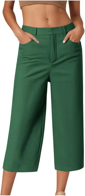 Capri Pants for Women Summer Casual Wide Leg Capris Stretch High Waisted Crop Yoga Dress Pants with Pockets
