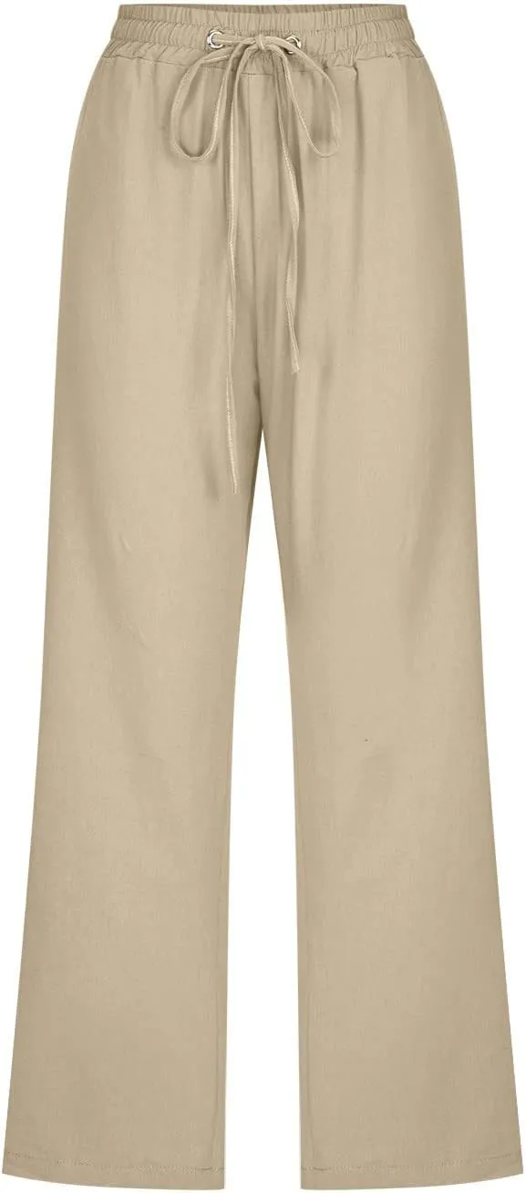 Capri Pants for Women,Elastic High Waist Linen Pant,Elastic Waist Capris with Pockets,Straight Wide Leg Cropped Trouser