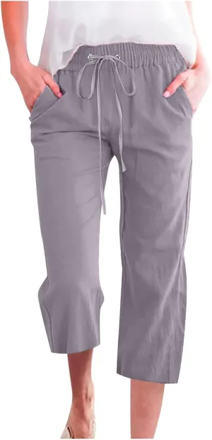 Capri Pants for Women,Elastic High Waist Linen Pant,Elastic Waist Capris with Pockets,Straight Wide Leg Cropped Trouser