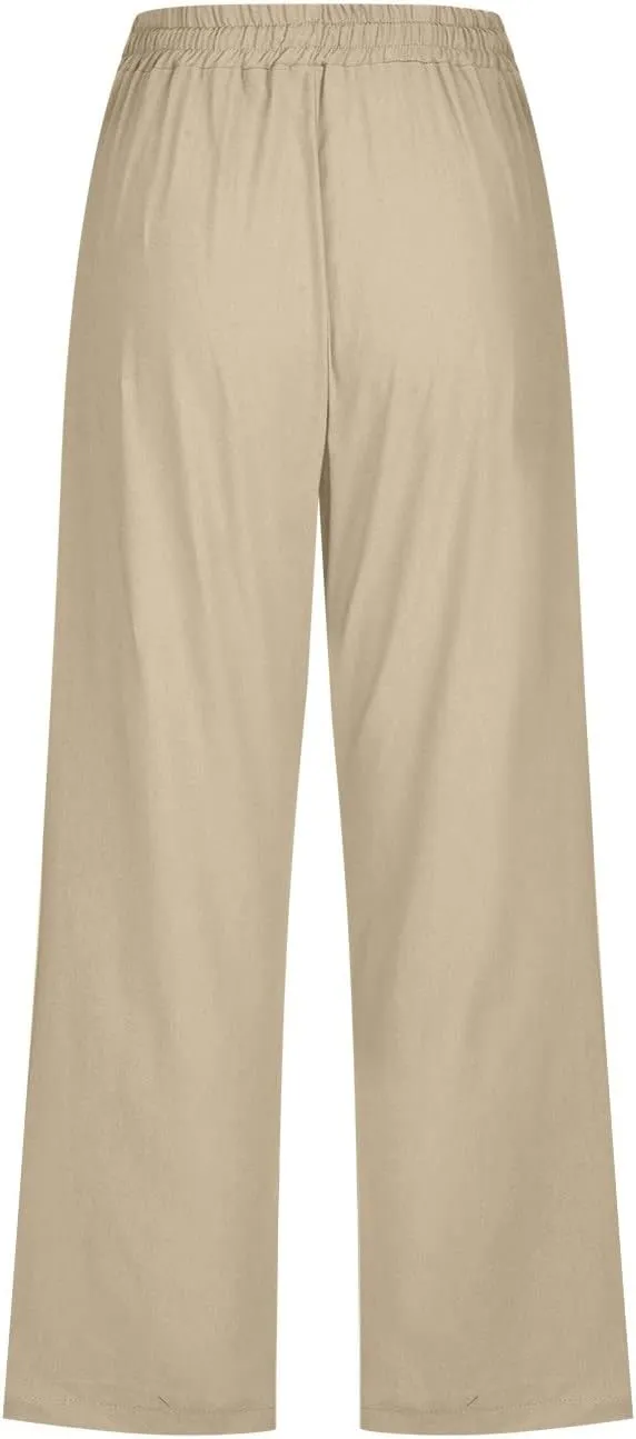 Capri Pants for Women,Elastic High Waist Linen Pant,Elastic Waist Capris with Pockets,Straight Wide Leg Cropped Trouser