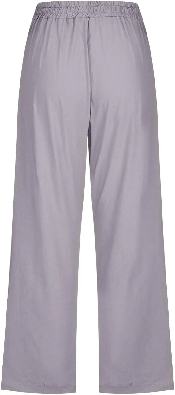 Capri Pants for Women,Elastic High Waist Linen Pant,Elastic Waist Capris with Pockets,Straight Wide Leg Cropped Trouser