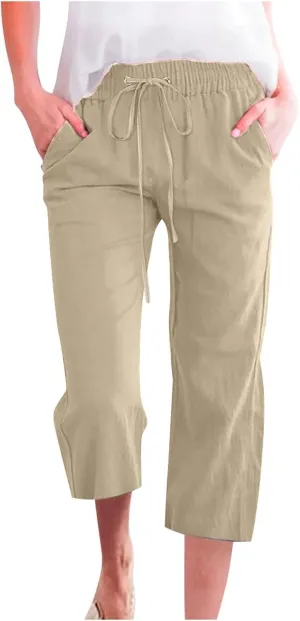 Capri Pants for Women,Elastic High Waist Linen Pant,Elastic Waist Capris with Pockets,Straight Wide Leg Cropped Trouser