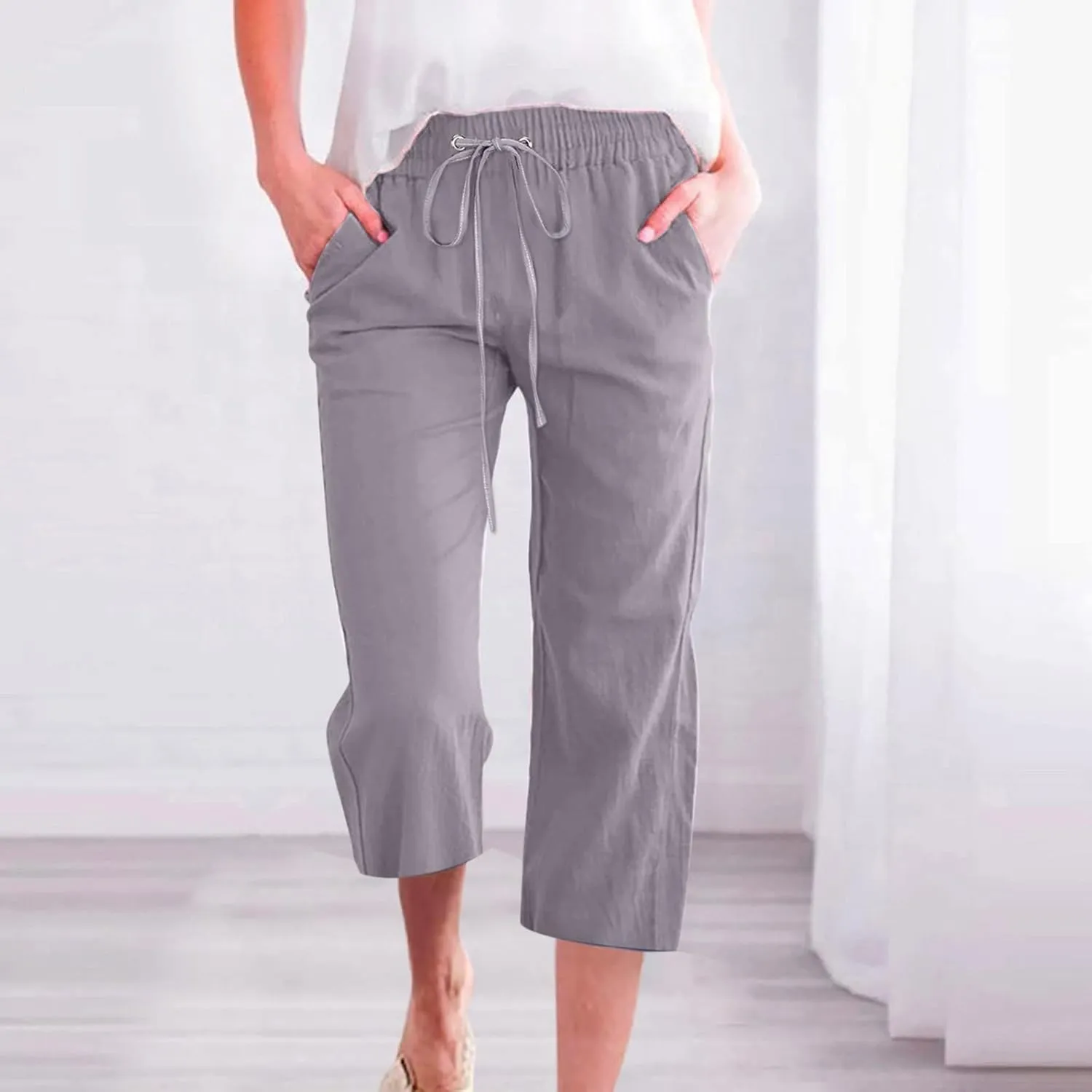 Capri Pants for Women,Elastic High Waist Linen Pant,Elastic Waist Capris with Pockets,Straight Wide Leg Cropped Trouser