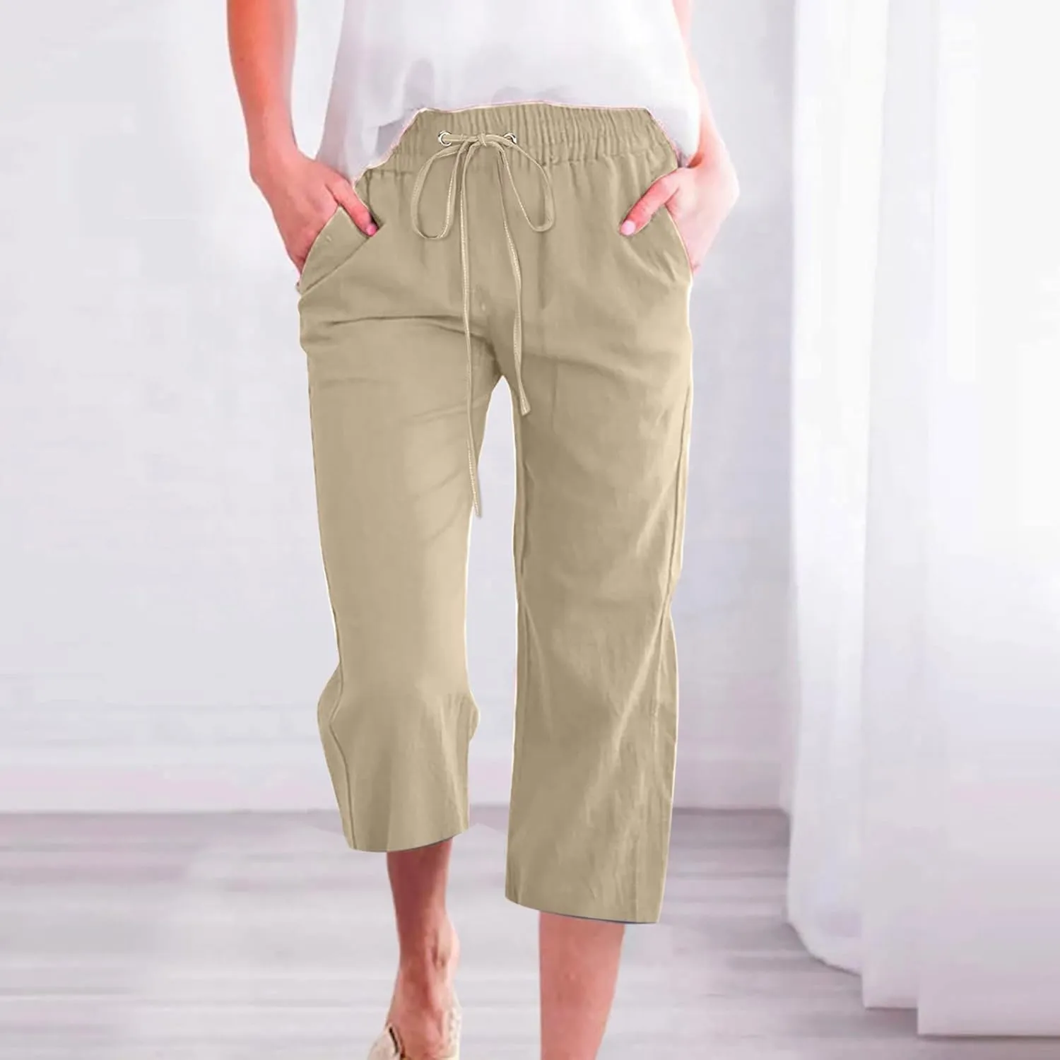 Capri Pants for Women,Elastic High Waist Linen Pant,Elastic Waist Capris with Pockets,Straight Wide Leg Cropped Trouser