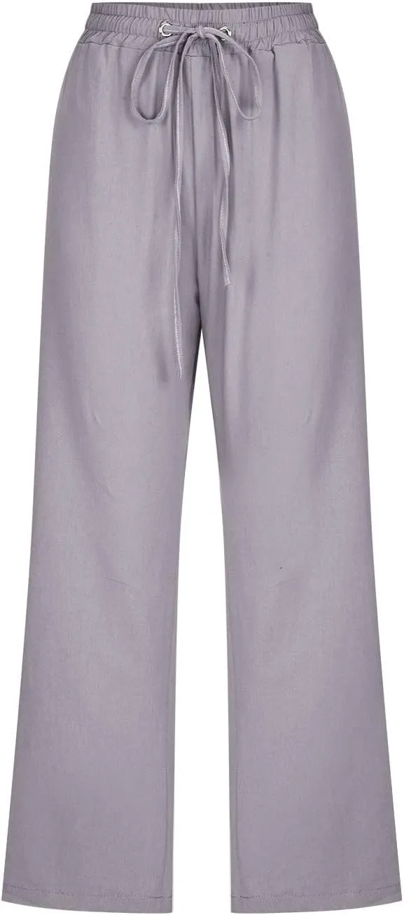 Capri Pants for Women,Elastic High Waist Linen Pant,Elastic Waist Capris with Pockets,Straight Wide Leg Cropped Trouser