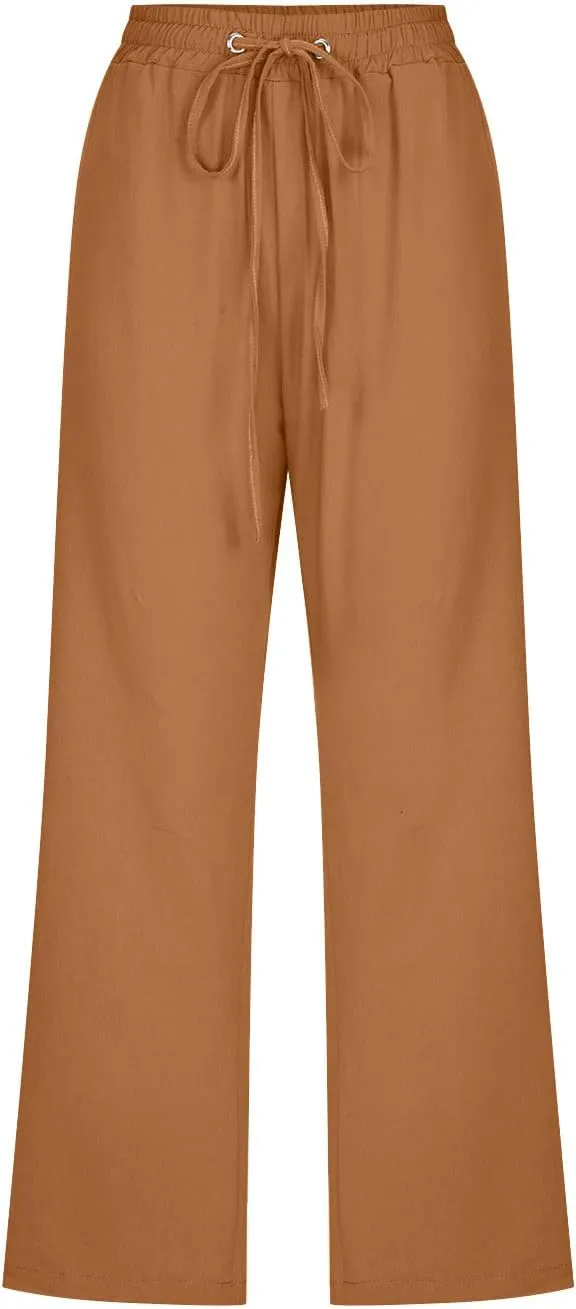 Capri Pants Women Stretch Dressy Summer Casual Comfy Wide Leg Drawstring Elastic High Waist Linen Straight Trouser