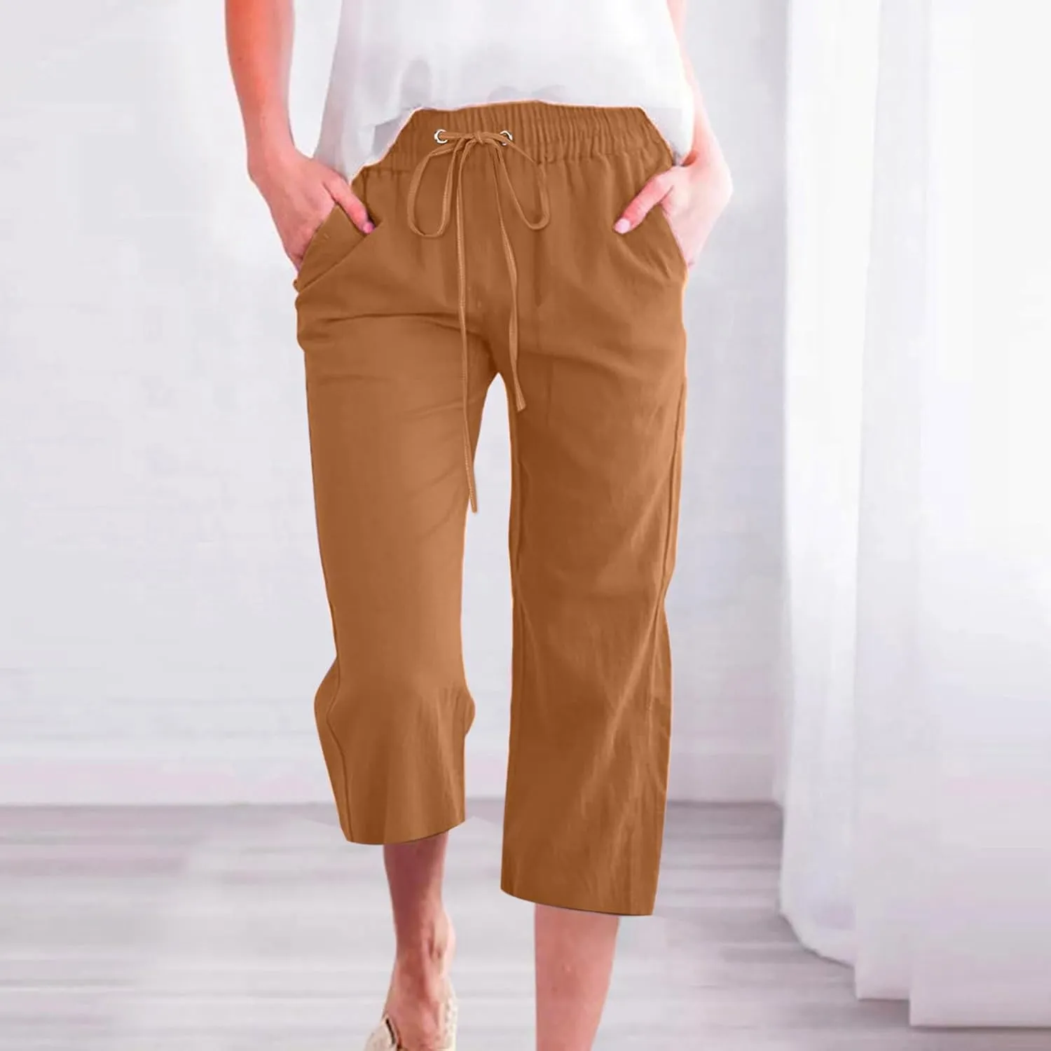 Capri Pants Women Stretch Dressy Summer Casual Comfy Wide Leg Drawstring Elastic High Waist Linen Straight Trouser