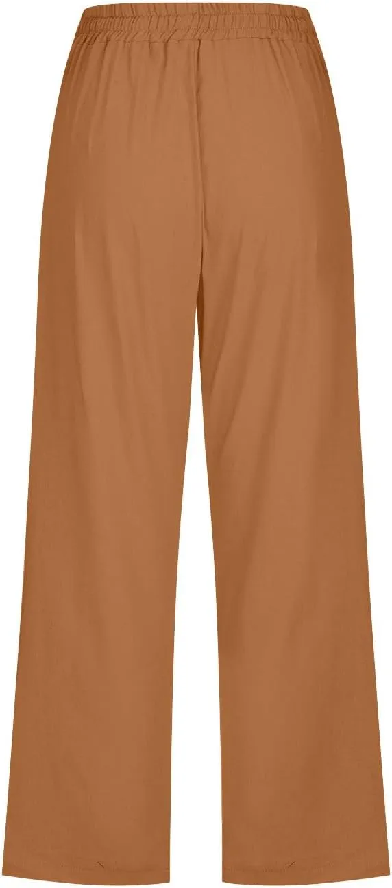 Capri Pants Women Stretch Dressy Summer Casual Comfy Wide Leg Drawstring Elastic High Waist Linen Straight Trouser