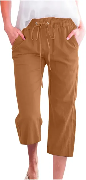Capri Pants Women Stretch Dressy Summer Casual Comfy Wide Leg Drawstring Elastic High Waist Linen Straight Trouser