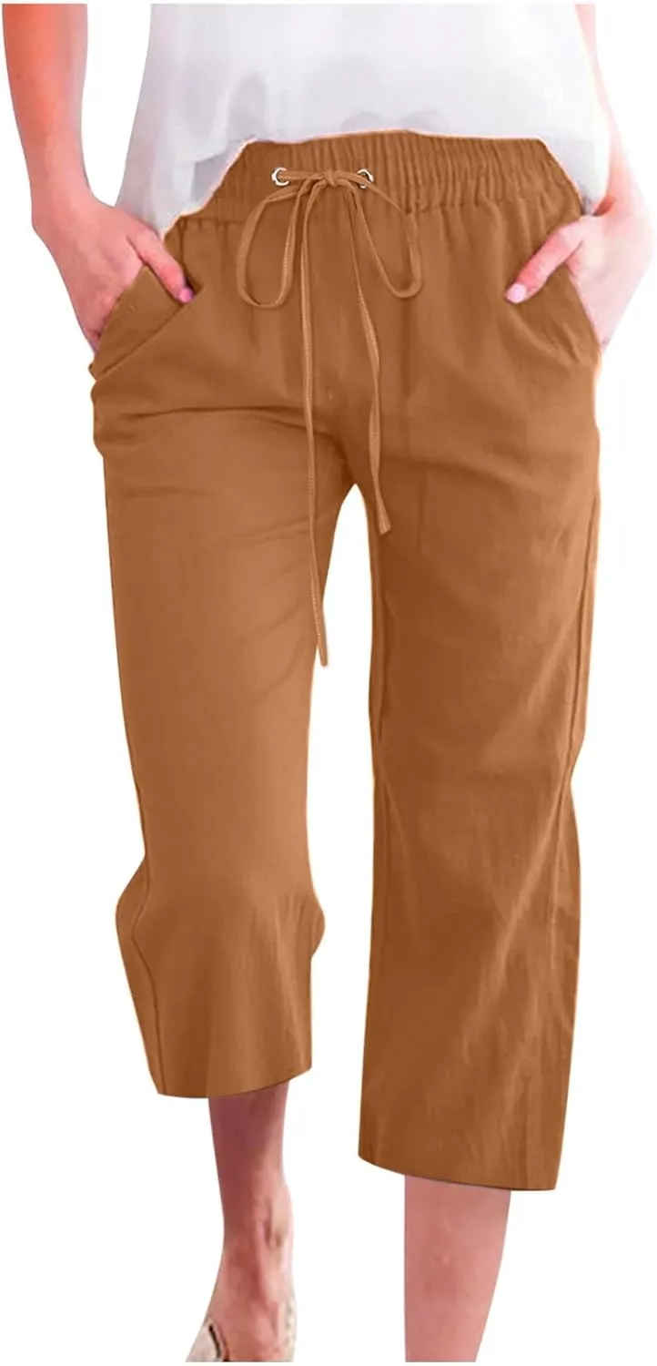 Capri Pants Women Stretch Dressy Summer Casual Comfy Wide Leg Drawstring Elastic High Waist Linen Straight Trouser