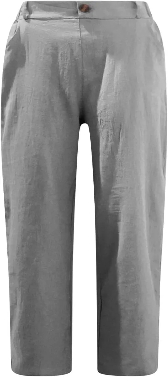 Capris for Women 2025 Summer Casual Plus Size Beach Cotton Linen Pants Trendy Elastic Waist Vacation Cropped Trousers