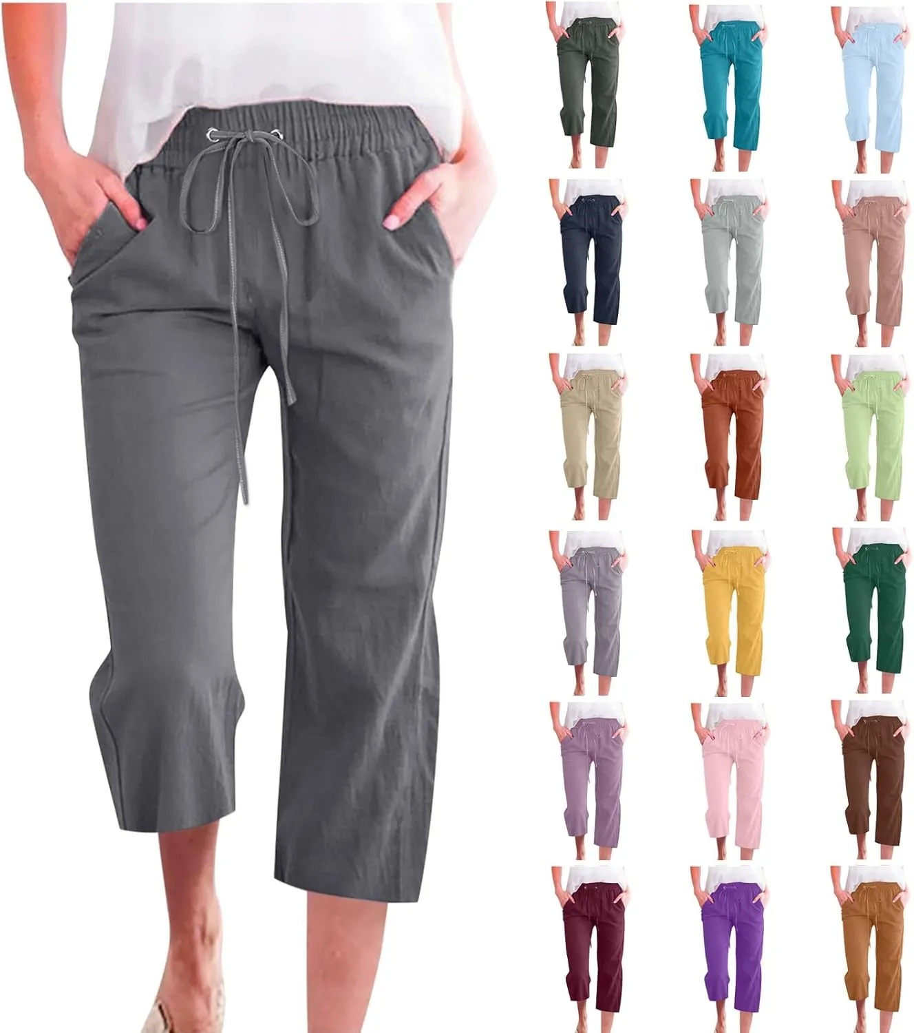 Capris Pants for Women 2025 Cotton Linen Summer Plus Size Capri High Waist Elastic Straight Leg Beach Cropped Pants