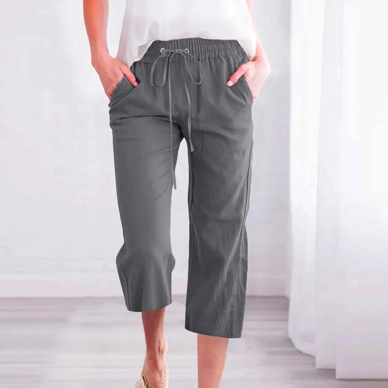 Capris Pants for Women 2025 Cotton Linen Summer Plus Size Capri High Waist Elastic Straight Leg Beach Cropped Pants