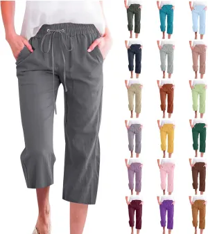 Capris Pants for Women 2025 Cotton Linen Summer Plus Size Capri High Waist Elastic Straight Leg Beach Cropped Pants