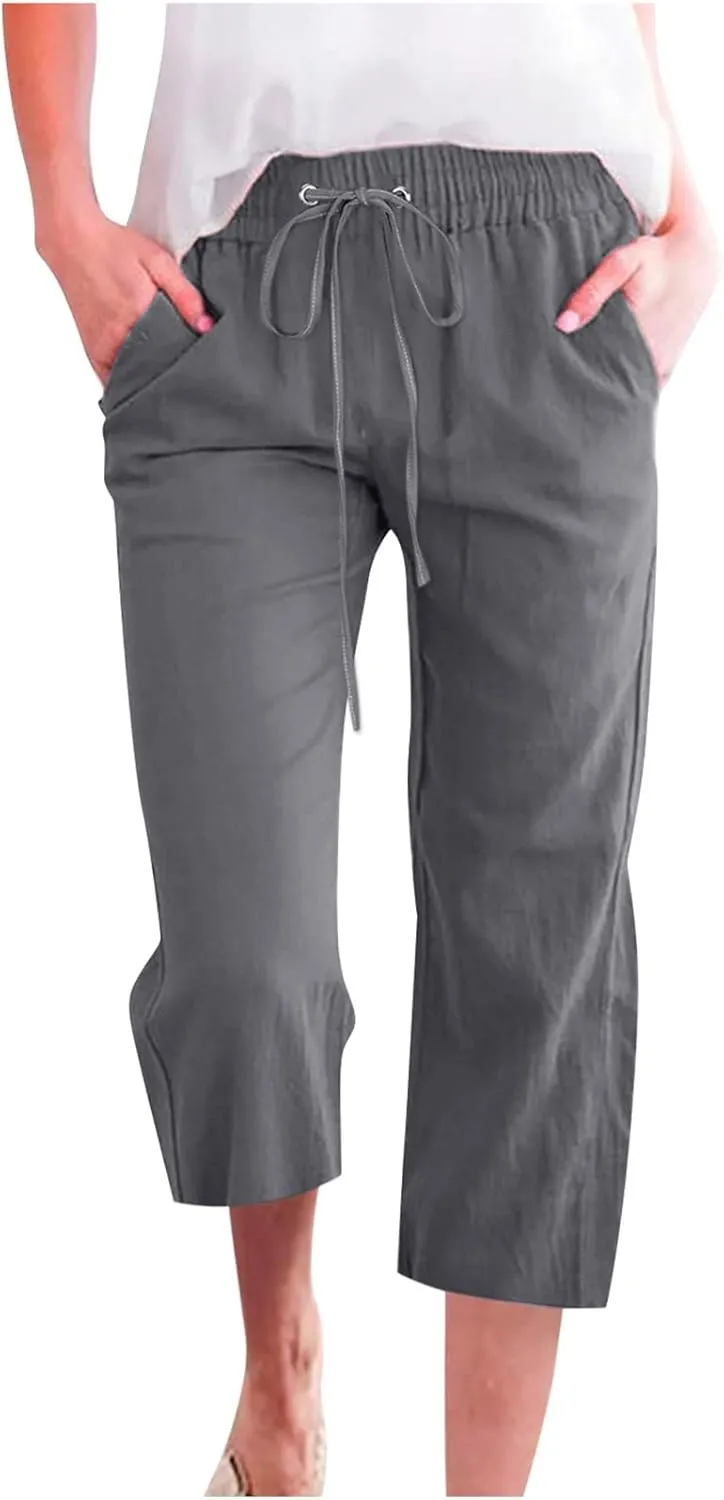 Capris Pants for Women 2025 Cotton Linen Summer Plus Size Capri High Waist Elastic Straight Leg Beach Cropped Pants