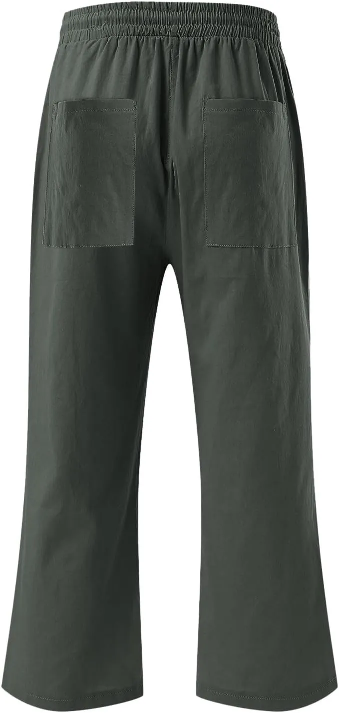 Capris Pants for Women Cotton Linen Casual Summer Wide Leg Loose Drawstring Elastic Waist Cropped Trouser S-XXL