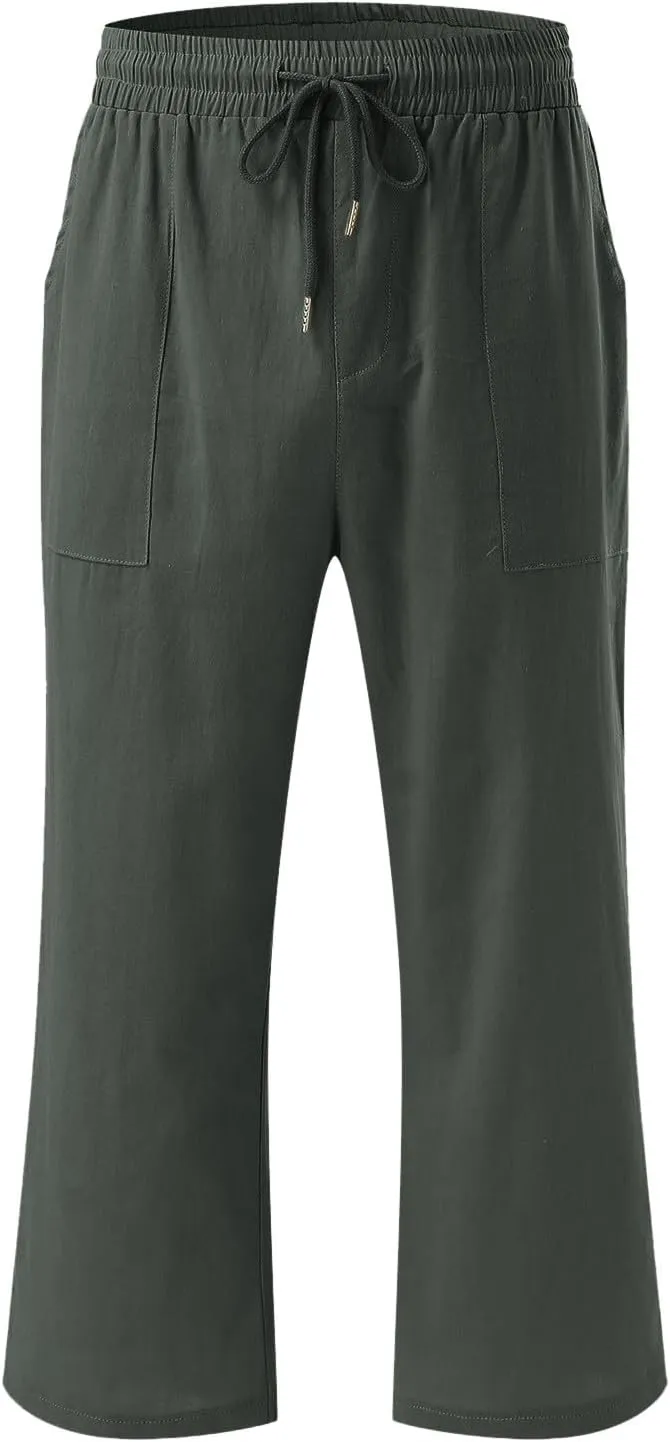 Capris Pants for Women Cotton Linen Casual Summer Wide Leg Loose Drawstring Elastic Waist Cropped Trouser S-XXL