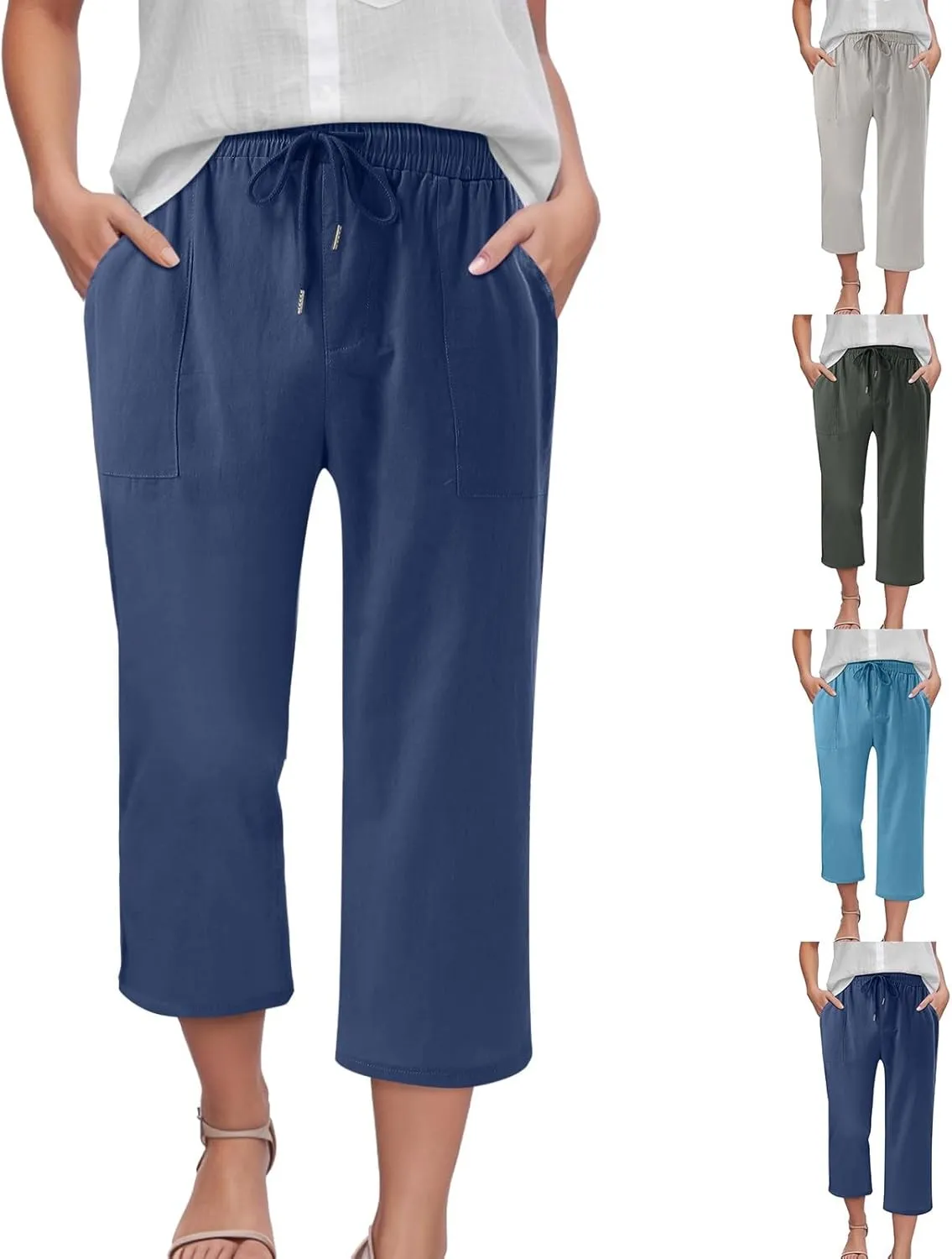 Capris Pants for Women Cotton Linen Casual Summer Wide Leg Loose Drawstring Elastic Waist Cropped Trouser S-XXL