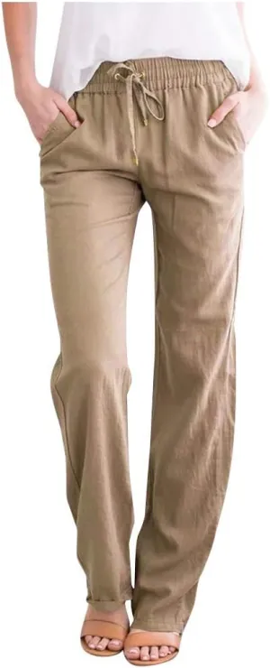 Casual Linen Pants for Women Summer Palazzo Dress Pants Wide Leg Loose Comfy Slacks with Pocket Flowy Long Trousers