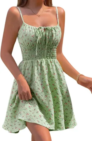 CHARTOU Women Floral Boho Spaghetti Strap Sundress Sleeveless Smocked A Line Mini Dress