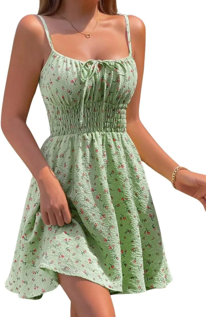 CHARTOU Women Floral Boho Spaghetti Strap Sundress Sleeveless Smocked A Line Mini Dress